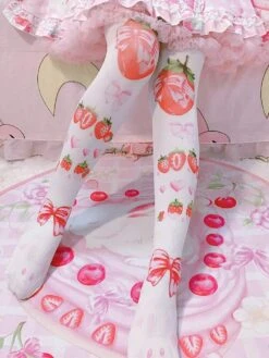 Strawberry Babe Stockings -Clothing Discount Store Women Cute Strawberry Rabbit Print Over Knee Socks Lolita Bottoming Pantyhose Japanese Girls Soft Sister Sweet