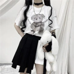 Baddie Chained Bear Tee -Clothing Discount Store baddie chained bear tee bear dark goth gothic gothic shirt kawaii babe 161
