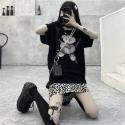 Baddie Chained Bear Tee -Clothing Discount Store baddie chained bear tee bear dark goth gothic gothic shirt kawaii babe 231