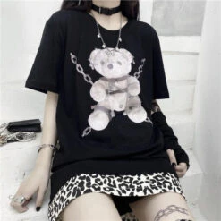 Baddie Chained Bear Tee -Clothing Discount Store baddie chained bear tee bear dark goth gothic gothic shirt kawaii babe 292