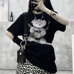 Baddie Chained Bear Tee -Clothing Discount Store baddie chained bear tee bear dark goth gothic gothic shirt kawaii babe 406