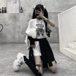 Baddie Chained Bear Tee -Clothing Discount Store baddie chained bear tee bear dark goth gothic gothic shirt kawaii babe 434