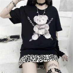 Baddie Chained Bear Tee -Clothing Discount Store baddie chained bear tee bear dark goth gothic gothic shirt kawaii babe 803
