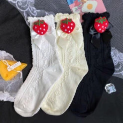 Berry Bow Ruffle Lace Socks -Clothing Discount Store berry bow ruffle lace socks berries berry fruit kawaii lace socks kawaii babe 182