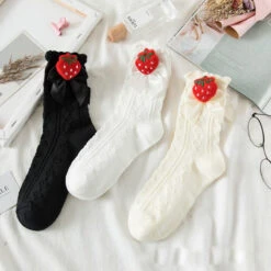 Berry Bow Ruffle Lace Socks -Clothing Discount Store berry bow ruffle lace socks berries berry fruit kawaii lace socks kawaii babe 441