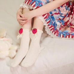 Berry Bow Ruffle Lace Socks -Clothing Discount Store berry bow ruffle lace socks berries berry fruit kawaii lace socks kawaii babe 542