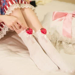Berry Bow Ruffle Lace Socks -Clothing Discount Store berry bow ruffle lace socks berries berry fruit kawaii lace socks kawaii babe 562