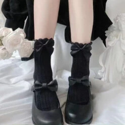 Berry Bow Ruffle Lace Socks -Clothing Discount Store berry bow ruffle lace socks black ruffles berries berry fruit kawaii lace socks kawaii babe 127
