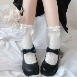 Berry Bow Ruffle Lace Socks -Clothing Discount Store berry bow ruffle lace socks white ruffles berries berry fruit kawaii lace socks kawaii babe 926