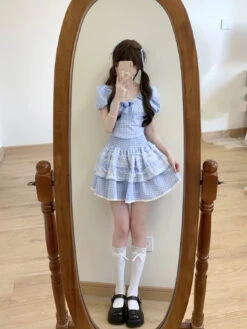 Blue Plaid Babydoll Outfit Set -Clothing Discount Store blue plaid babydoll outfit set sets outfit set blue plaid babydoll 302