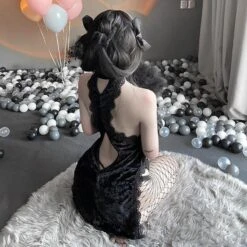 Black Velour Cheongsam Dress -Clothing Discount Store cheongsam black cosplay dress oriental kawaii fashion 835