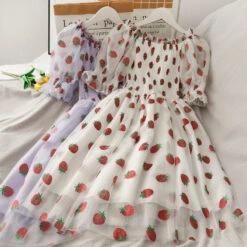 Chiffon Strawberry Puff Sleeve Dress -Clothing Discount Store chiffon strawberry puff sleeve dress dresses kawaii layered puff 329