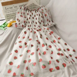 Chiffon Strawberry Puff Sleeve Dress -Clothing Discount Store chiffon strawberry puff sleeve dress dresses kawaii layered puff 831