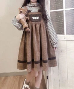 Corduroy Teddy Overall Dress -Clothing Discount Store corduroy teddy overall dress brown cord cords cute kawaii babe 162