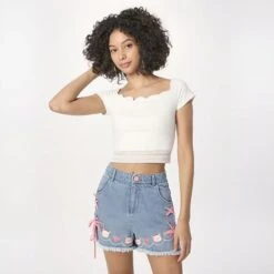 Denim Neko High Waisted Shorts -Clothing Discount Store denim neko cat blue high waisted shorts 143