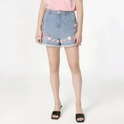 Denim Neko High Waisted Shorts -Clothing Discount Store denim neko cat blue high waisted shorts 955
