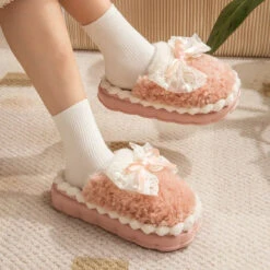 Fluffy Ribbon Slippers -Clothing Discount Store fluffy ribbon slippers bows fluffy kawaii loungewear pastel 810