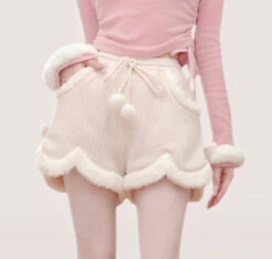 Fur Trimmed Dollette Shorts -Clothing Discount Store fur trimmed dollette shorts fur kawaii pink plush pom 728