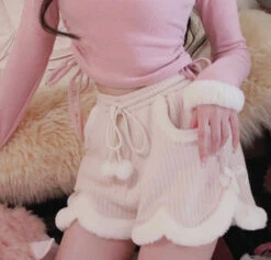 Fur Trimmed Dollette Shorts -Clothing Discount Store fur trimmed dollette shorts fur kawaii pink plush pom 758