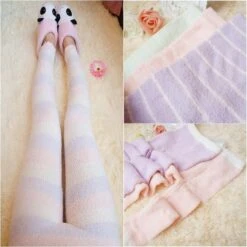 Fuzzy Pastel Long John Leggings -Clothing Discount Store fuzzy pastel long john leggings purple pink striped fairy kei furry harajuku kawaii ddlg playground 566