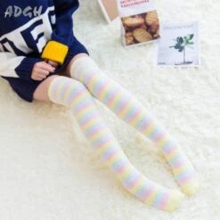 Fuzzy Striped Thigh Highs 19 Fuzzy Striped Thigh Highs -Clothing Discount Store fuzzy striped thigh highs easter colors furry socks knee over the knees soft ddlg playground 992