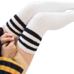 Fuzzy Striped Thigh Highs 14 Fuzzy Striped Thigh Highs -Clothing Discount Store fuzzy striped thigh highs white furry socks knee over the knees soft ddlg playground 497