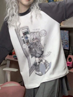 Grey Neko Girl Detachable Sleeve Tee -Clothing Discount Store grey neko girl detachable sleeve tee t shirts anime kawaii long 452