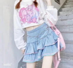 Layered Denim Cake Skirt -Clothing Discount Store kawaii denim tiered cake skirt pink ruffled icing piping 304
