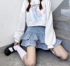 Layered Denim Cake Skirt -Clothing Discount Store kawaii denim tiered cake skirt pink ruffled icing piping 418