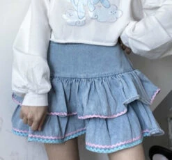 Layered Denim Cake Skirt -Clothing Discount Store kawaii denim tiered cake skirt pink ruffled icing piping 771