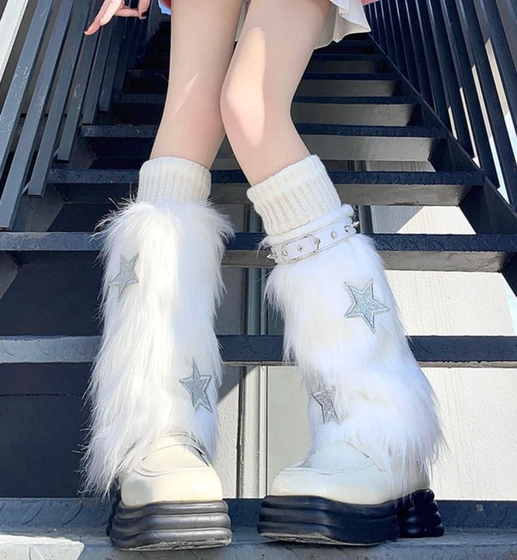 Fuzzy White Star Fur Leg Warmers 3 Fuzzy White Star Fur Leg Warmers