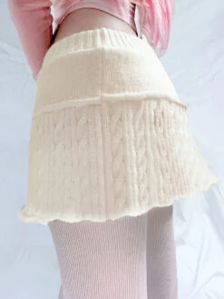 Knit Beige Pompom Skirt -Clothing Discount Store knit beige pompom skirt coquette dollette fae faecore fairycore kawaii babe 317