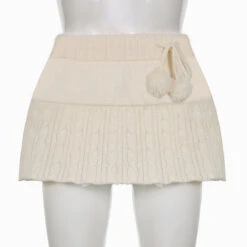 Knit Beige Pompom Skirt -Clothing Discount Store knit beige pompom skirt coquette dollette fae faecore fairycore kawaii babe 976