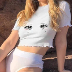 Knit Sad Eyes Crop Top 33 Knit Sad Eyes Crop Top -Clothing Discount Store knit sad eyes crop top avocado belly black and white tank tee shirt kawaii babe 118