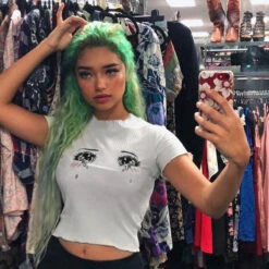 Knit Sad Eyes Crop Top 34 Knit Sad Eyes Crop Top -Clothing Discount Store knit sad eyes crop top avocado belly black and white tank tee shirt kawaii babe 145