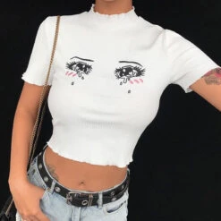 Knit Sad Eyes Crop Top 36 Knit Sad Eyes Crop Top -Clothing Discount Store knit sad eyes crop top avocado belly black and white tank tee shirt kawaii babe 413