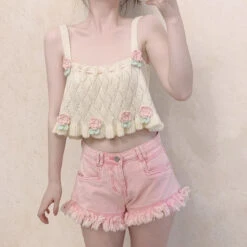 Knit Tulip Fairy Crop Top -Clothing Discount Store knit tulip fairy crop top angelcore shirt tank tee shirts tops kawaii babe 474
