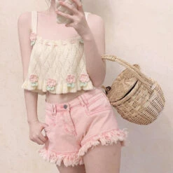 Knit Tulip Fairy Crop Top -Clothing Discount Store knit tulip fairy crop top angelcore shirt tank tee shirts tops kawaii babe 818