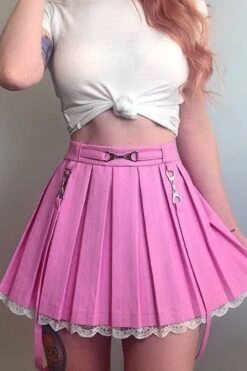 Lace Hemmed Pleated Skirt 31 Lace Hemmed Pleated Skirt -Clothing Discount Store lace hemmed pleated skirt pink belted trim skirts dress ddlg playground 843