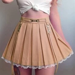 Lace Hemmed Pleated Skirt 35 Lace Hemmed Pleated Skirt -Clothing Discount Store lace hemmed pleated skirt tan belted trim pink skirts dress ddlg playground 704