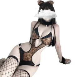 Little Leopard Lingerie Set -Clothing Discount Store leopard lingerie set bodysuit cat cats fishnet kitten outfit ddlg playground 227