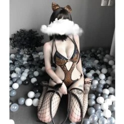 Little Leopard Lingerie Set -Clothing Discount Store leopard lingerie set bodysuit cat cats fishnet kitten outfit ddlg playground 666