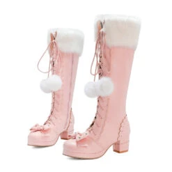 Bow Fur Knee High Boots -Clothing Discount Store lolita bow fur knee high boots pink 3 booties footwear fashion style kawaii babe 996