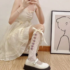Lace Ribbon & Rosebud Stockings -Clothing Discount Store lolita lace ribbon rosebud stockings angelcore angelic dainty dollette elegant socks kawaii babe 417