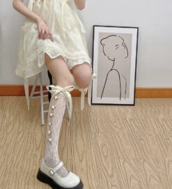 Lace Ribbon & Rosebud Stockings -Clothing Discount Store lolita lace ribbon rosebud stockings angelcore angelic dainty dollette elegant socks kawaii babe 647