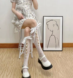 Lace Ribbon & Rosebud Stockings -Clothing Discount Store lolita lace ribbon rosebud stockings white bow front rosebuds angelcore angelic dainty dollette elegant socks kawaii babe 142