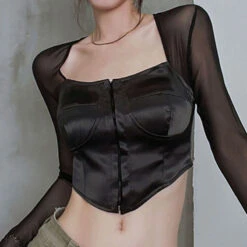 Long Sleeve Satin Bustier 31 Long Sleeve Satin Bustier -Clothing Discount Store long sleeve satin bustier black s coquette dollette fae faecore fairycore shirt kawaii babe 600