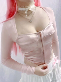 Long Sleeve Satin Bustier 32 Long Sleeve Satin Bustier -Clothing Discount Store long sleeve satin bustier pink s coquette dollette fae faecore fairycore shirt kawaii babe 302