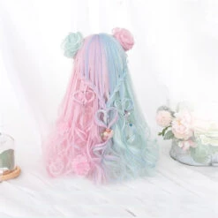 Mint & Pink Bun Wig 12 Mint & Pink Bun Wig -Clothing Discount Store mint pink bun wig wigs lolita wig pastel pink long wavy blue pink 386