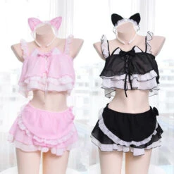 Neko Maid Lingerie Set -Clothing Discount Store neko maid lingerie set black cat crop tops kitten kittens kawaii babe 514